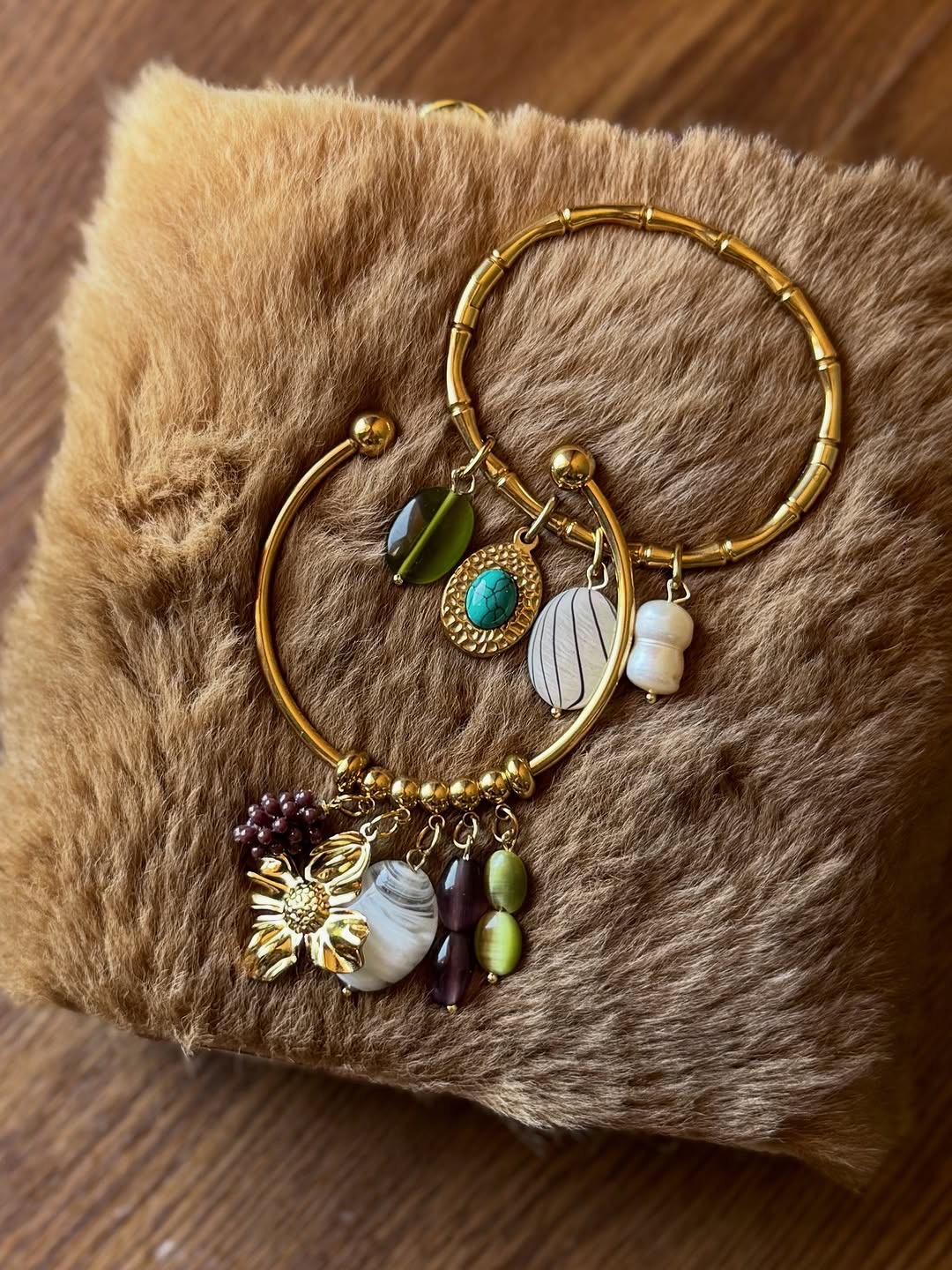 Gold bamboo hoop bracelets with dangling charm beads