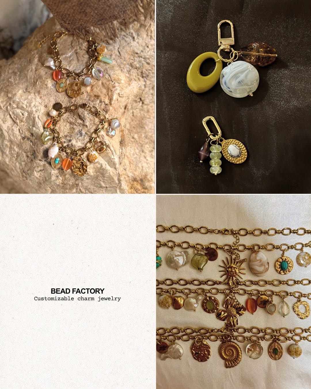 Gold flower charm chain necklace with bow and glass beads